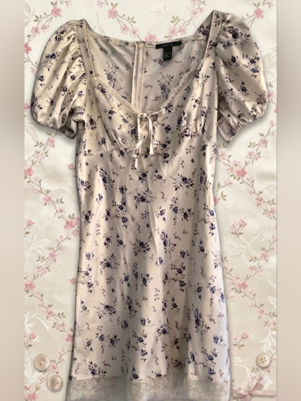 Floral Dress, Lace Trim, Puff Sleeves